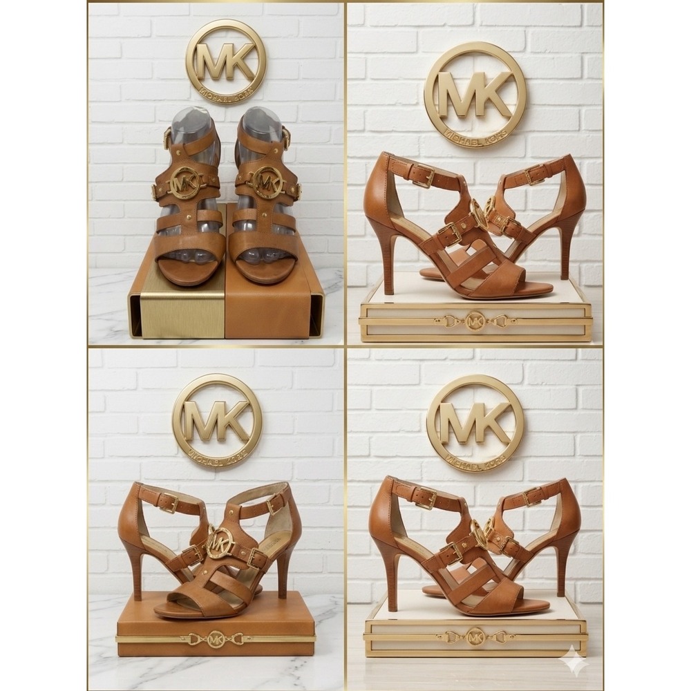 Michael Kors 🤎 Leather Strappy gladiator caged MK‎ Logo Medallion Heeled Sandal